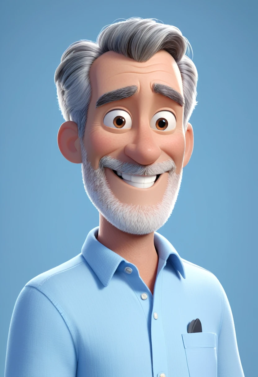 Create a Disney Pixar-style character of a 50-year-old man, very short gray hair, light blue social shirt, no tie, smiling at the camera 3d Pixar style, (best qualityer, 4K, 8K, high resolution, boss of'work of art:1.2), ultra detali, (realisitic, photorealisitic, photo-realisitic:1.37), shiny colors, studio lighting