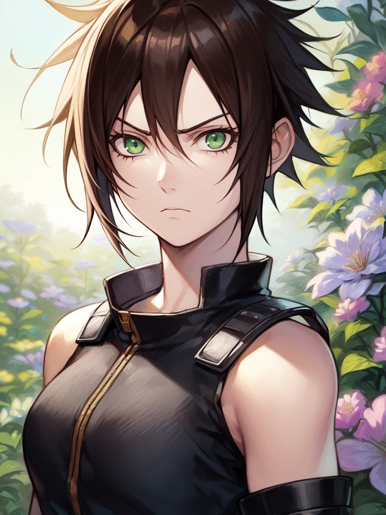 ((in the artstyle of Naruto)), ((spiked hair)), ((tomboy)), ((short hair)), ((brown hair)), ((green eyes)), ((serious expression)), (shinobi clothing)), ((light skin)), ((flowers)), ((complementary colors)), ((mature female)), 1girl, beautifully drawn, high resolution illustration, best quality, High definition, ((detailed anime sketch)), Masterpiece, (solo), absurdres, portrait, ((upper body)), detailed background, fine detail, female focus, HDR,