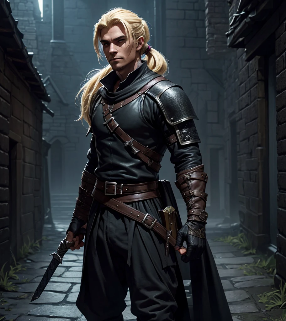 (((Solo character image.))) (((Generate a single character image.)))  (((Dressed in medieval fantasy attire.))) (((Very sexy facial expression.))) (((Dressed in medieval fantasy attire.))) (((Looks like Adonis.))) (((Appears to be 20 years old with youthful looks.))) (((Dark and sinister background at night.))) (((Alpha male))) (((Solo character image.))) (((Generate a single character image.))) Dark fantasy art, (((Dark, night time background.))) (((Strong elements of dark medieval fantasy.))) (((Sexy and handsome male.))) (((This is an urban explorer in a dark fantasy realm.))) (((Blond hair in a ponytail.))) Night background. Dark. Eerie. Dark fantasy art, short cropped blond hair, Scoundrel. Vagabond. Miscreant. Knave. This is an urban explorer in a dark fantasy realm. Looks mysterious, wearing a black shirt, black pants and black boots. Looks like a sneaky rogue in medieval fantasy urban setting. Looks like a shady rogue in a medieval fantasy setting. Looks like a medieval fantasy male character. Looks like a male rogue for Dungeons & Dragons in a medieval fantasy setting. Wears lots of black clothing. Looks like a handsome criminal for a medieval fantasy setting. Looks shifty. Looks suspicious. Looks untrustworthy. wearing black leather medieval clothing, sneaky, rogue, muscular, gorgeous face, fantasy artwork, fantasy attire, fantasy adventurer, masterpiece:1.3,madly detailed photo:1.2, hyper-realistic lifelike texture:1.4, picture-perfect:1.0,8k, HQ,best quality:1.0, (masterpiece,fantasy,art, best quality, unreal engine, 8k, ultra HD, centered image, absurdres