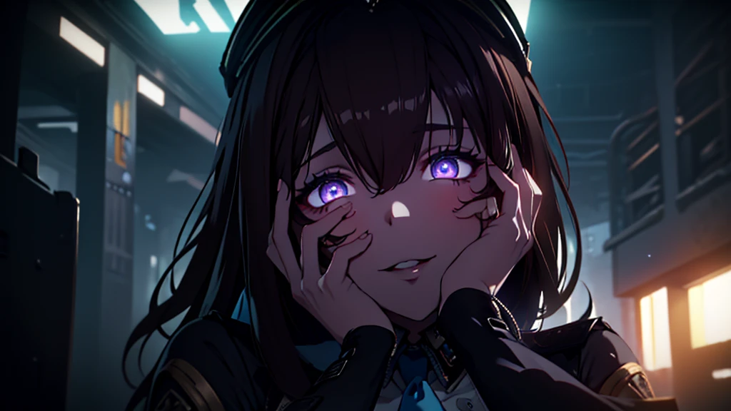 ((Best quality)), ((masterpiece)), (detailed:1.4), 3D, an image of a beautiful cyberpunk female, Yandere , Yandere Face , Trance , Trance Eyes , yameroyandere , constricted pupils , yandere , empty eyes . shaded face , crazy eyes , glowing brown eyes , crazy smile , Marian , tied hair, long brown hair , White Military Uniform , Brown Eyes, Blue Barret, Blue Necktie ,Blue Ribbon , White undercloth, large breasts, HDR (High Dynamic Range),Ray Tracing,NVIDIA RTX,Super-Resolution,Unreal 5,Subsurface scattering,PBR Texturing,Post-processing,Anisotropic Filtering,Depth-of-field,Maximum clarity and sharpness,Multi-layered textures,Albedo and Specular maps,Surface shading,Accurate simulation of light-material interaction,Perfect proportions,Octane Render,Two-tone lighting,Wide aperture,Low ISO,White balance,Rule of thirds,8K RAW,