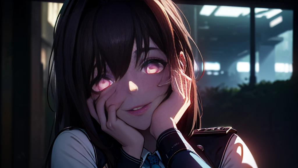 ((Best quality)), ((masterpiece)), (detailed:1.4), 3D, an image of a beautiful cyberpunk female, Yandere , Yandere Face , Trance , Trance Eyes , yameroyandere , constricted pupils , yandere , empty eyes . shaded face , crazy eyes , glowing brown eyes , crazy smile , Marian , tied hair, long brown hair , White Military Uniform , Brown Eyes, Blue Barret, Blue Necktie ,Blue Ribbon , White undercloth, large breasts, HDR (High Dynamic Range),Ray Tracing,NVIDIA RTX,Super-Resolution,Unreal 5,Subsurface scattering,PBR Texturing,Post-processing,Anisotropic Filtering,Depth-of-field,Maximum clarity and sharpness,Multi-layered textures,Albedo and Specular maps,Surface shading,Accurate simulation of light-material interaction,Perfect proportions,Octane Render,Two-tone lighting,Wide aperture,Low ISO,White balance,Rule of thirds,8K RAW,