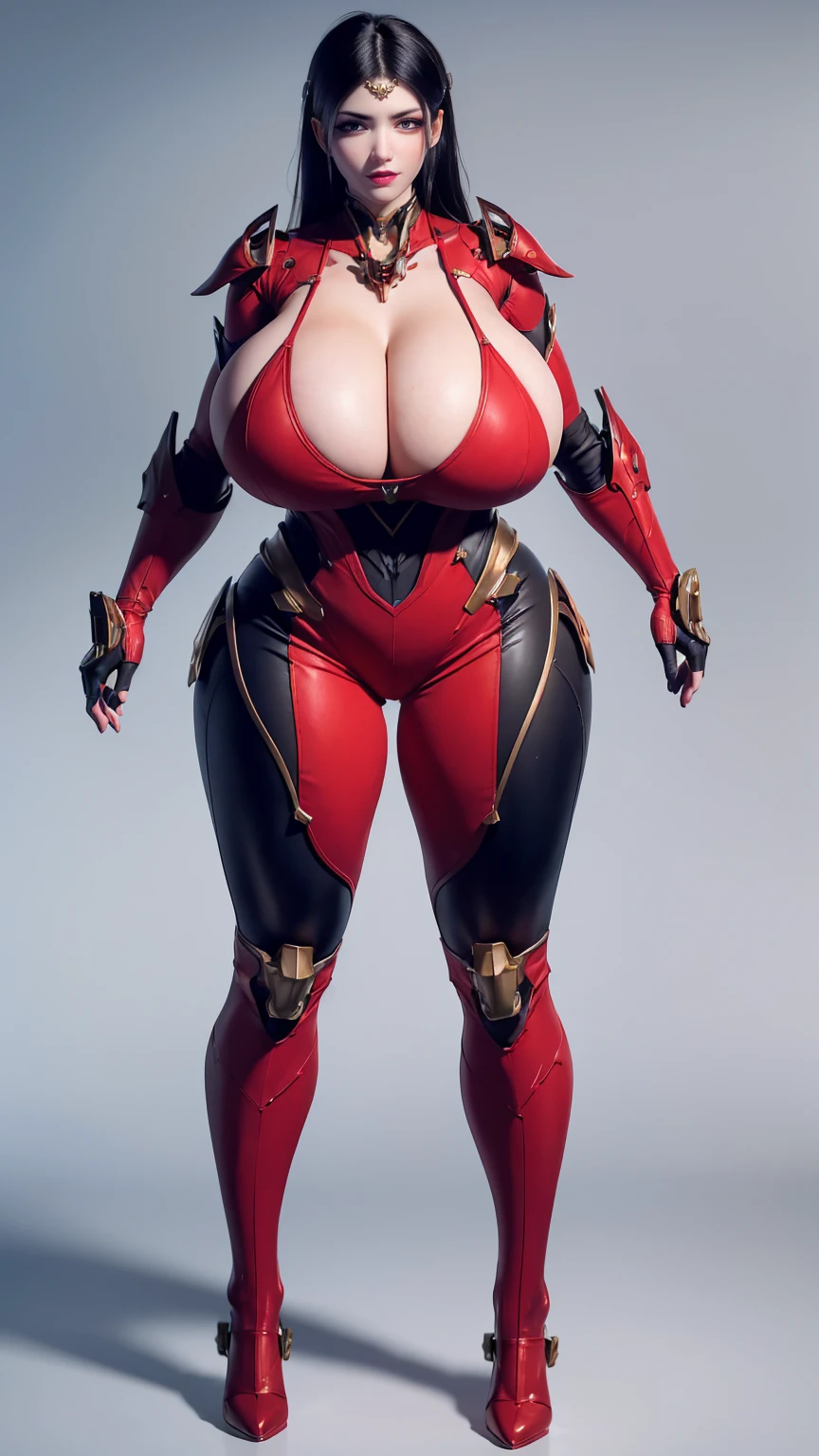 Solo, a woman standing straight facing the viewers, physically-based rendering, Unreal Engine 5 Render, (Look half body:1.5), ((Muscle and BBW Body Type:1.4)), ((cleavage, Gigantic breast:1.5)), (11 line abs:1.4), (big Hips:1.3), ((red Mecha combat suit 2.0, guard arms, gloves:1.5)), (close up upper body), (pale skin, body oiled, clean skin), beauty model, 4K Resolution.
