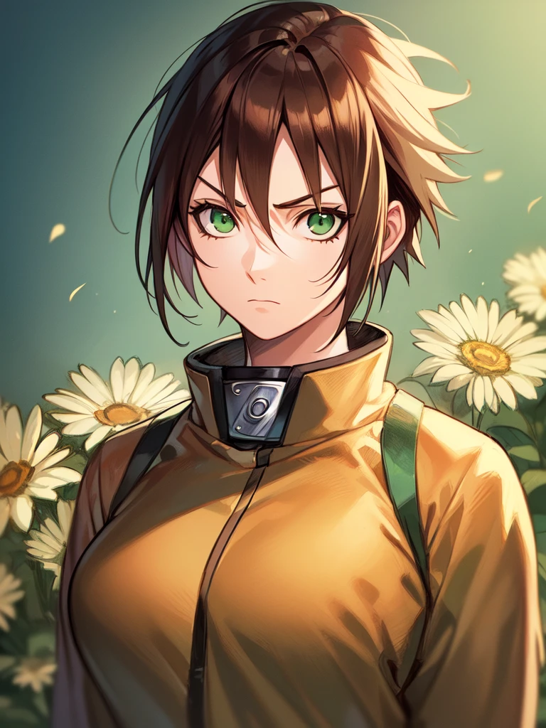 ((in the artstyle of Naruto)), ((spiked hair)), ((tomboy)), ((short hair)), ((brown hair)), ((green eyes)), ((serious expression)), (shinobi clothing)), ((light skin)), ((flowers)), ((complementary colors)), ((mature female)), 1girl, beautifully drawn, high resolution illustration, best quality, High definition, ((detailed anime sketch)), Masterpiece, (solo), absurdres, portrait, ((upper body)), detailed background, fine detail, female focus, HDR,