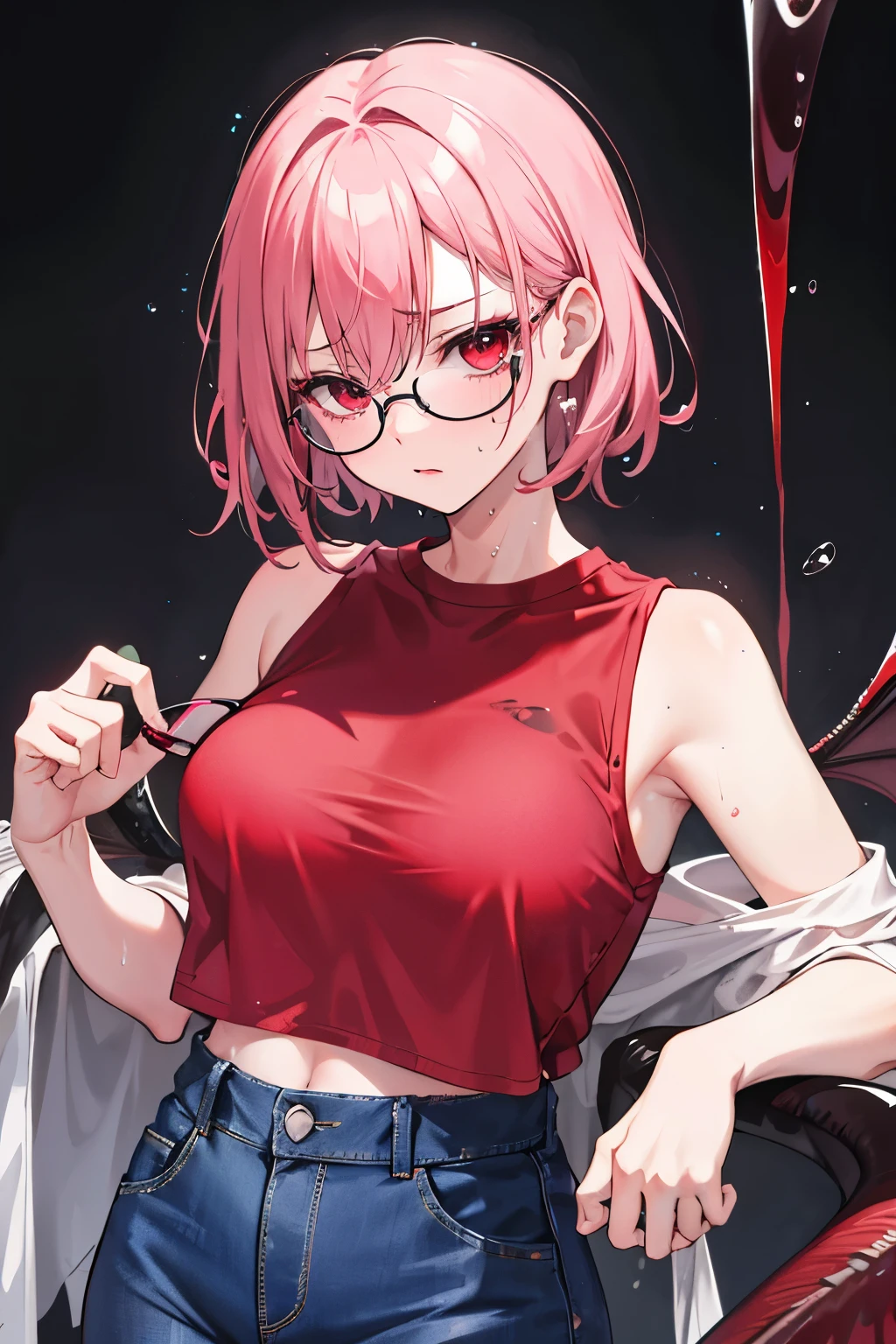 underdressing，Expression of disgust，Expression of disgust，Red Eyes，Sweat，Soaked，liquid，transparent，Cropped tops，succubus，pink，jeans，Glasses