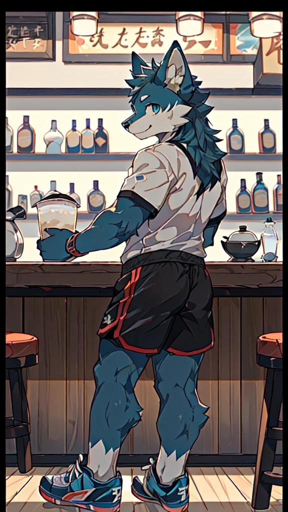 Sunlight，high resolution，4K，gay，(((whole body:1.1，Facing away from the camera:1.5)))，masterpiece，high quality，Brave and bold，((Wolf))，male，(((Milk tea shop，Sit at the bar:1.4，looking at viewe:1.3)))，WolfFurry，(juvenile)，hairy，((Lovely，Smiling face，Long hair))，((peaceful，Gentle))，(((Well-proportioned body，Small ears，Well-proportioned limbs，Wolf尾巴:1.2，Meat pad)))，(((Green ears:1.5，Dark blue head，Dark blue back，Dark blue limbs，Brown chest，brown abdomen，Blue pupils，粉色Meat pad)))，(((Grey short sleeves，Red and black sports shorts，Blue sneakers:1.3)))，Delicate face，Exquisite eyes，Detailed body，Detailed hands，Detailed feet