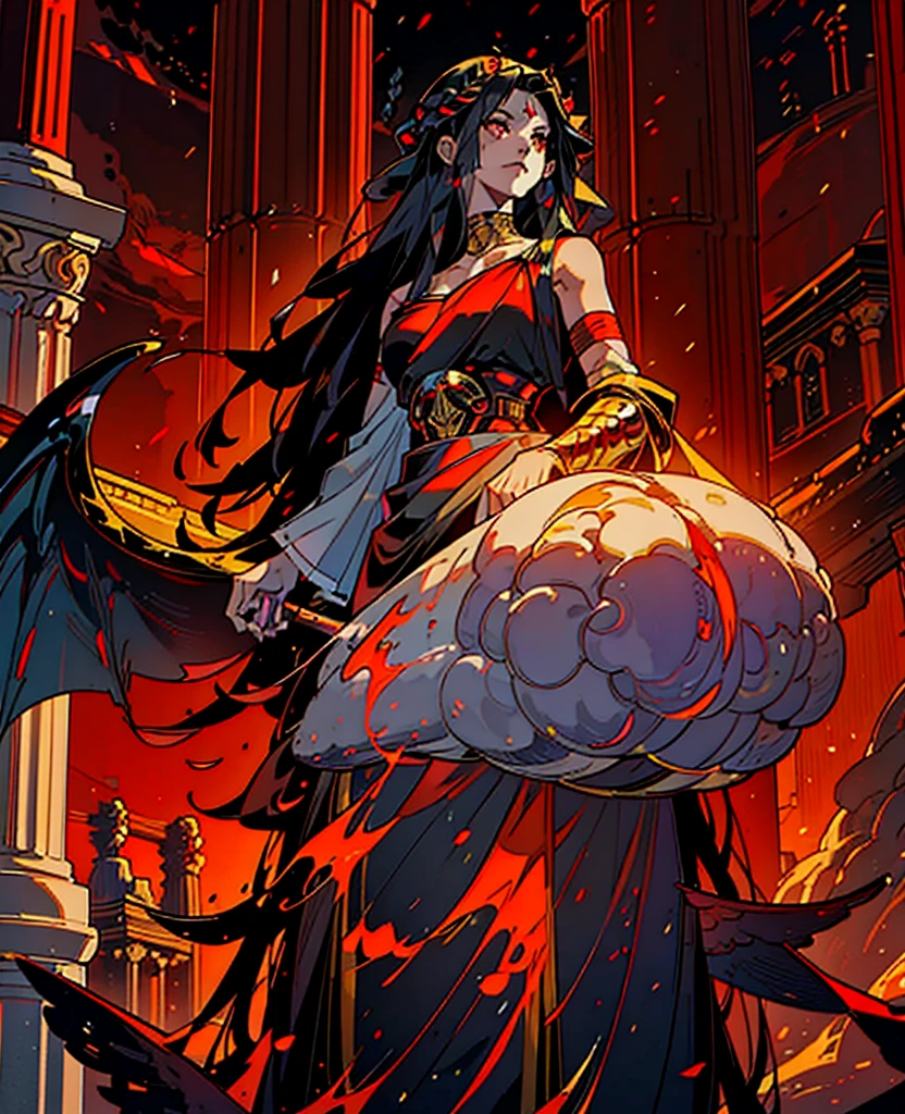 1girl, alone, 25 years old, young, black hair, red eyes, insister sur les reflets des yeux rouges, cheveux noirs, long hair, boss, black outfit, black clothes, black pants, frowning, hades style, hades game, Jen zee style, greek themed image, greek background, thanatos, tartarus scenery, fumes, greek columns in background, lots of columns, greek architecture, white themed image, white furniture, red touches of color, orange walls, looking at viewer, holding the stygian blade hades game wiki, hades, game, wiki, obols, stygius