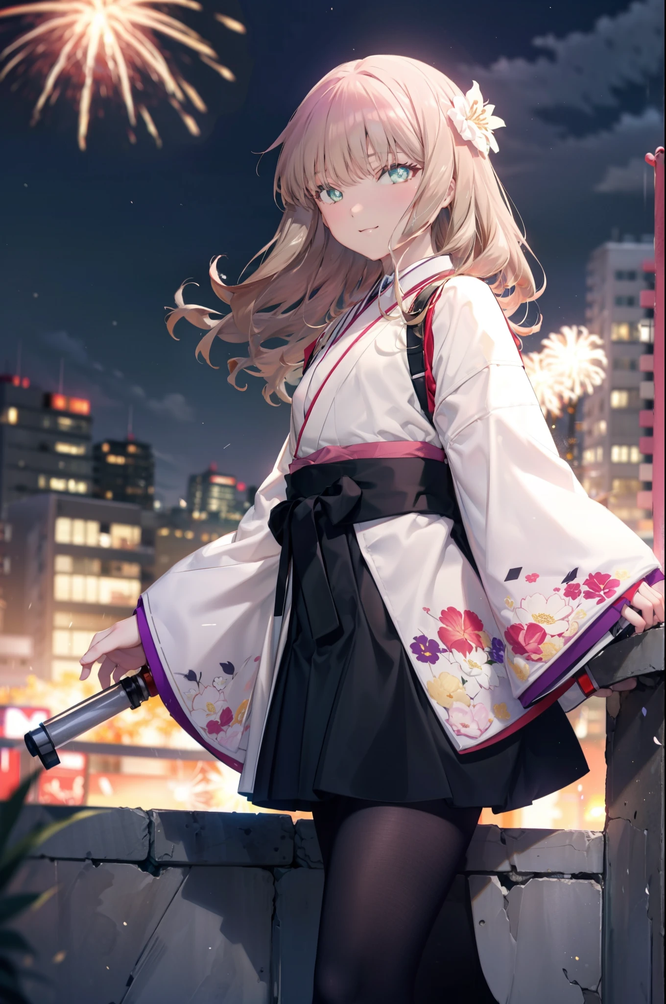 Yume Minami,sss dynazenon ,Brown Hair,Green Eyes,hair tied back,Flower hair ornament,Black Japanese Clothing,Thick sleeves,Sandals,whole bodyがイラストに入るように,smile,Fireworks in the night sky,Fireworks,The place is a fireworks display、Time is night,break outdoors, Festival,break looking at viewer, whole body,(Cowboy Shot:1. 5) , break (masterpiece:1.2), Highest quality, High resolution, unity 8k wallpaper, (shape:0.8), (Beautiful and beautiful eyes:1.6), Highly detailed face, Perfect lighting, Extremely detailed CG, (Perfect hands, Perfect ???????),