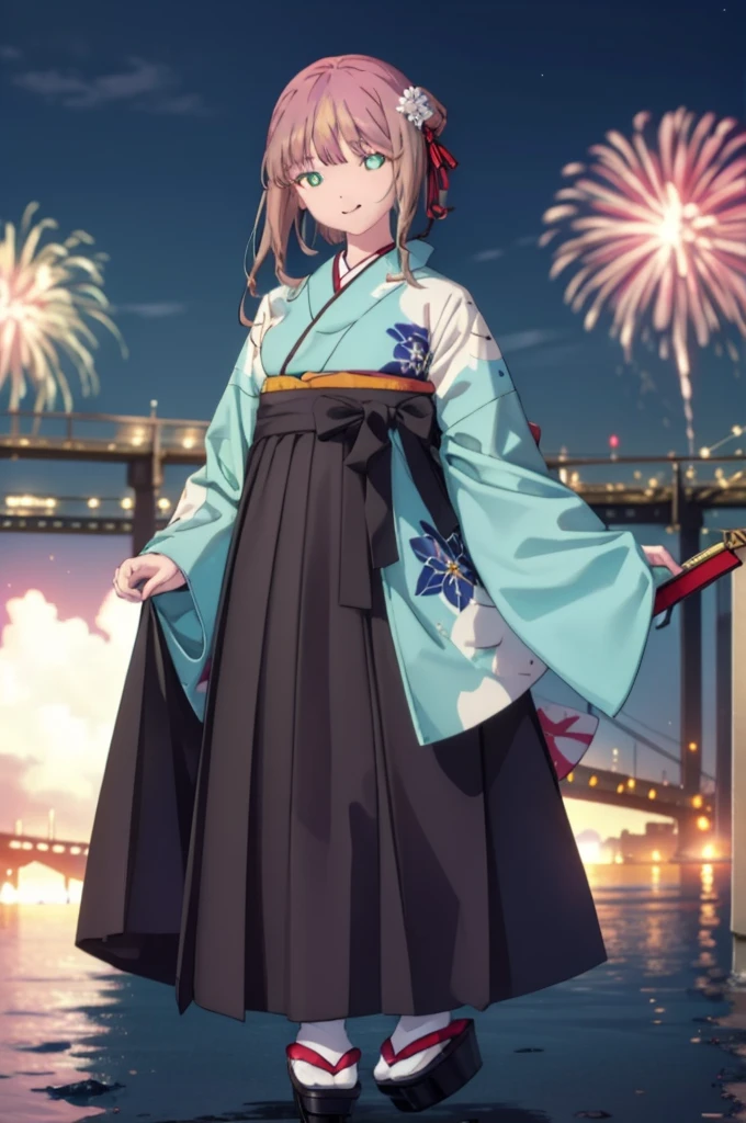 Yume Minami,sss dynazenon ,Brown Hair,Green Eyes,hair tied back,Flower hair ornament,Black Japanese Clothing,Thick sleeves,Long skirt,Sandals,whole bodyがイラストに入るように,smile,Fireworks in the night sky,Fireworks,The place is a fireworks display、Time is night,break outdoors, Festival,break looking at viewer, whole body,(Cowboy Shot:1. 5) , break (masterpiece:1.2), Highest quality, High resolution, unity 8k wallpaper, (shape:0.8), (Beautiful and beautiful eyes:1.6), Highly detailed face, Perfect lighting, Extremely detailed CG, (Perfect hands, Perfect Anatomy),