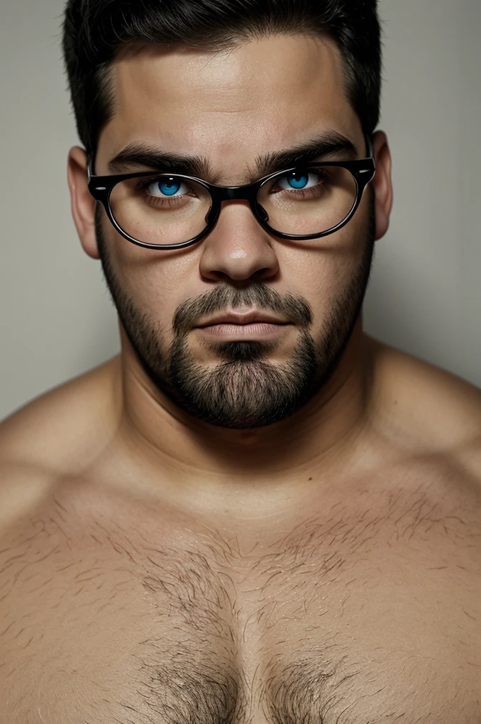 Fat boy with black glasses, rubio, Russian, threatening look, eyes with heterochromia and high
