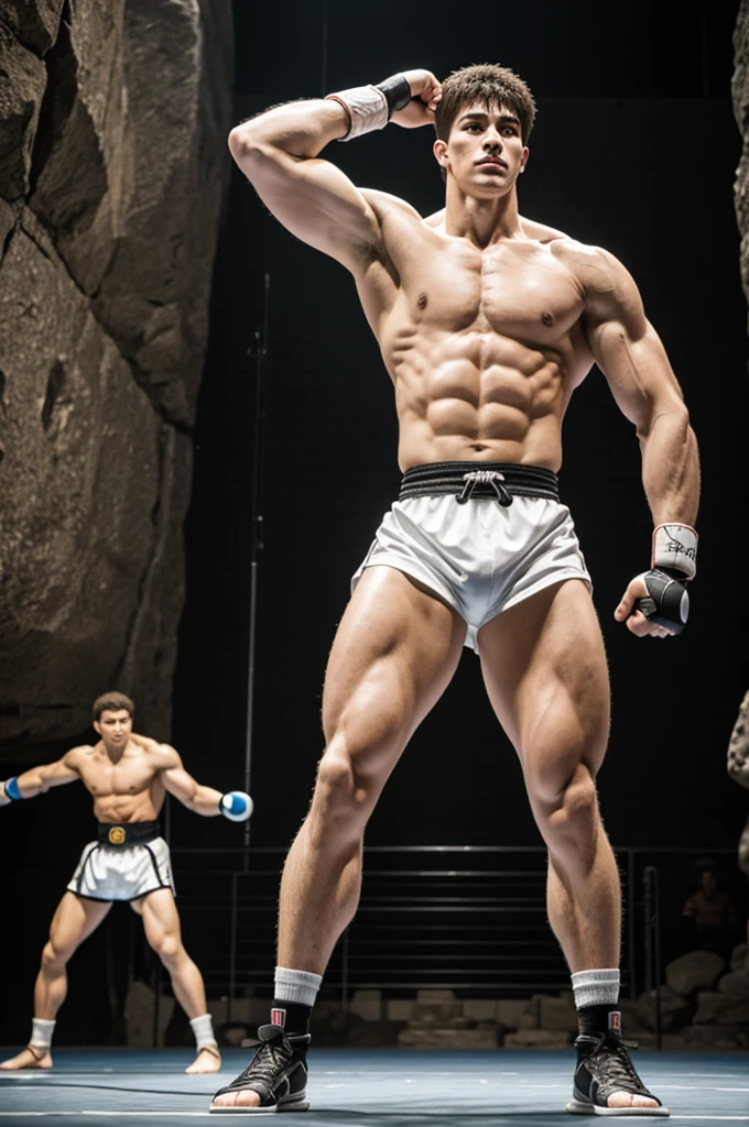 A tall white young man with strong arms strong legs in front of another baki hakma fighter in a rock arena and standing like an anime style