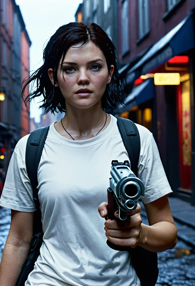 chef-d'œuvre, Un jeune homme polonais de 24 ans dans une rue de la ville de Copenhague se déplaçant avec prudence, beau visage, se mettre à couvert, porter un t-shirt blanc déchiré, Épaules, , casquette de baseball, tenant un revolver compact Wesson M442 dans sa main droite, viser avec le pistolet, temps ensoleillé, scène de ville chaotique, la rue est dans le chaos , il y a une femme tenant une arme à feu dans une rue, Capture d';écran du jeu vidéo 2020, personnage principal masculin, cinématique très détaillée, cinématique très détaillée, capture d'écran cinématique ps5, rendu cinématographique détaillé, créé dans Unreal Engine 5, cinématique détaillée, Kate Bishop, personnage cinématographique complet, 8 k uhd poser, Émeute dans une ville cyberpunk, prise de vue cinématographique réaliste, 16k, ultra haute résolution.photoréaliste, UHD, brut, Lumière naturelle