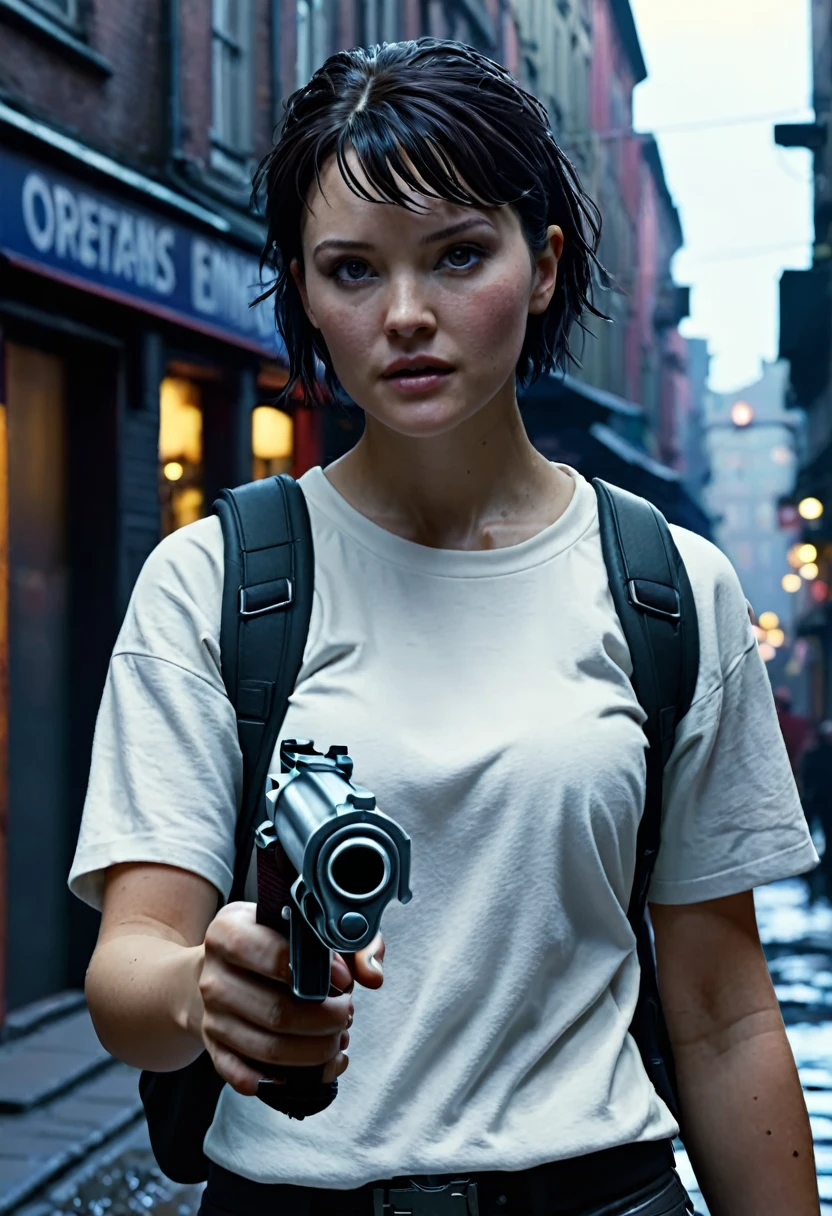 chef-d'œuvre, Un jeune homme polonais de 24 ans dans une rue de la ville de Copenhague se déplaçant avec prudence, beau visage, se mettre à couvert, porter un t-shirt blanc déchiré, Épaules, , casquette de baseball, tenant un revolver compact Wesson M442 dans sa main droite, viser avec le pistolet, temps ensoleillé, scène de ville chaotique, la rue est dans le chaos , il y a une femme tenant une arme à feu dans une rue, Capture d';écran du jeu vidéo 2020, personnage principal masculin, cinématique très détaillée, cinématique très détaillée, capture d'écran cinématique ps5, rendu cinématographique détaillé, créé dans Unreal Engine 5, cinématique détaillée, Kate Bishop, personnage cinématographique complet, 8 k uhd poser, Émeute dans une ville cyberpunk, prise de vue cinématographique réaliste, 16k, ultra haute résolution.photoréaliste, UHD, brut, Lumière naturelle