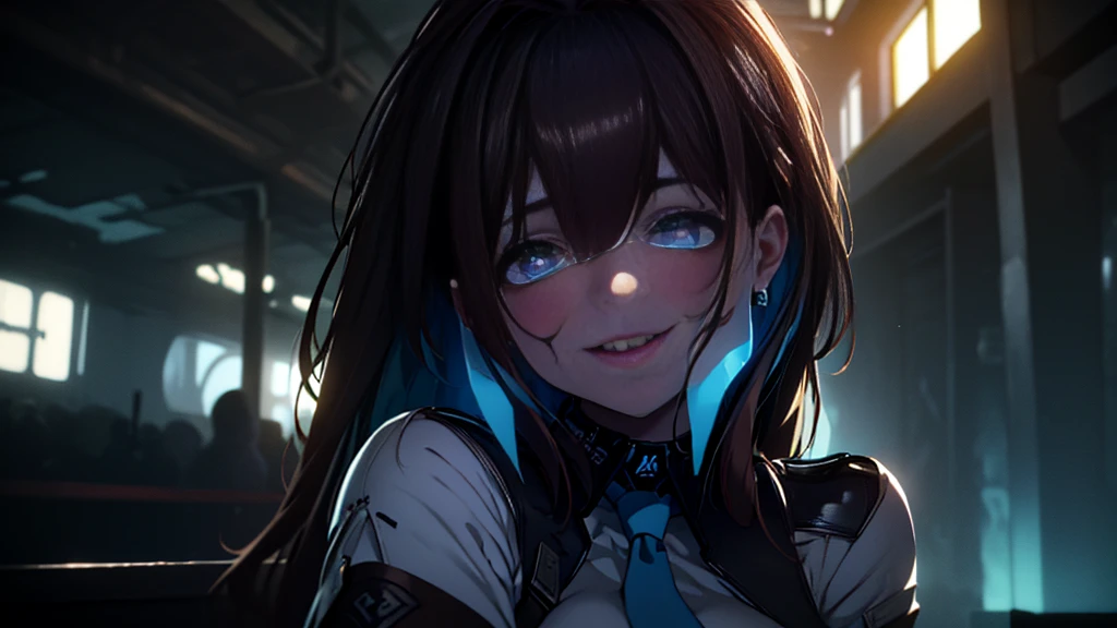 ((Best quality)), ((masterpiece)), (detailed:1.4), 3D, an image of a beautiful cyberpunk female, Yandere , Yandere Face , Trance , Trance Eyes , yameroyandere , constricted pupils , yandere , empty eyes . shaded face , crazy eyes , glowing brown eyes , crazy smile , Marian , tied hair, long brown hair , White Military Uniform , Brown Eyes, Blue Barret, Blue Necktie ,Blue Ribbon , White undercloth, large breasts, HDR (High Dynamic Range),Ray Tracing,NVIDIA RTX,Super-Resolution,Unreal 5,Subsurface scattering,PBR Texturing,Post-processing,Anisotropic Filtering,Depth-of-field,Maximum clarity and sharpness,Multi-layered textures,Albedo and Specular maps,Surface shading,Accurate simulation of light-material interaction,Perfect proportions,Octane Render,Two-tone lighting,Wide aperture,Low ISO,White balance,Rule of thirds,8K RAW,