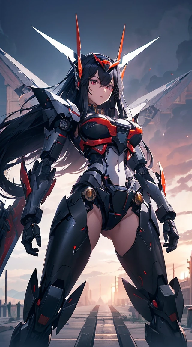 ((Shining lenses on both breasts:1.3))、((Pillars of red light radiate from both chests..:1.3))、((Attack pose:1.6))、((He has a red sword and a long rifle:1.6))、((Battle Scenes:1.8))、((8K)), ((32k)), ((Highest quality)), ((masterpiece)), ((超A high resolution)), ((Tmasterpiece)), ((Halation:1.4))、((Mechaニカルheadgear:1.2))、((Cyber headphones:1.3))Fine skin, High quality fabric, High-quality metal texture、((Beautiful and dense face))、RAW Photos、Professional, Ultra-fine painting, ((alone)), Beautiful breasts、Highest quality, Very detailed, Very detailed詳細, Finer details, so beautiful, ((Black Knight Robot:1.2)),  (Joint of the machine, Mechanical Limbs:1.3), (The internal structure of the machine is exposed:1.3), (Long black hair:1.1), (Beautiful and huge mechanical breasts)、White Veil, cowboy_shot, Side Focus, headgear, Shiny、(Five Fingers, Four fingers and thumb),Concept Art, Anime fantasy artwork, Detailed fantasy art, (Has light blue-purple hair and black wings,,,,,,), (((Long black hair))), (Mecha:1.6)、Sleek and intimidating design,  (Jet black perfect robot body)、Jet black and reddish purple arms, Symmetrical wings, 8K High Resolution, Detailed Art, 3D rendering of character art in 8K, neat legs, Defined, Defined fingers,((headshot:1.6))