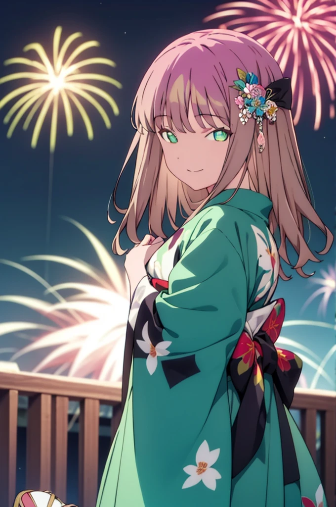 Yume Minami,sss dynazenon ,Brown Hair,Green Eyes,hair tied back,Flower hair ornament,Black Japanese Clothing,Thick sleeves,Sandals,whole bodyがイラストに入るように,smile,Fireworks in the night sky,Fireworks,The place is a fireworks display、Time is night,break outdoors, Festival,break looking at viewer, whole body,(Cowboy Shot:1. 5) , break (masterpiece:1.2), Highest quality, High resolution, unity 8k wallpaper, (shape:0.8), (Beautiful and beautiful eyes:1.6), Highly detailed face, Perfect lighting, Extremely detailed CG, (Perfect hands, Perfect Anatomy),
