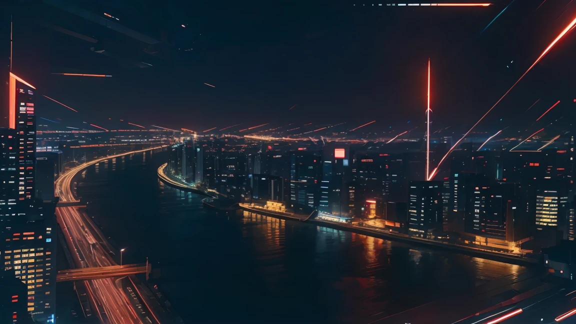 (Tech Black, dystopia:1.2), Overcrowded cities, lights ble and red, captivating beauty, masterpiece, highest quality, realistic digital art, detailed background, 8k wallpaper