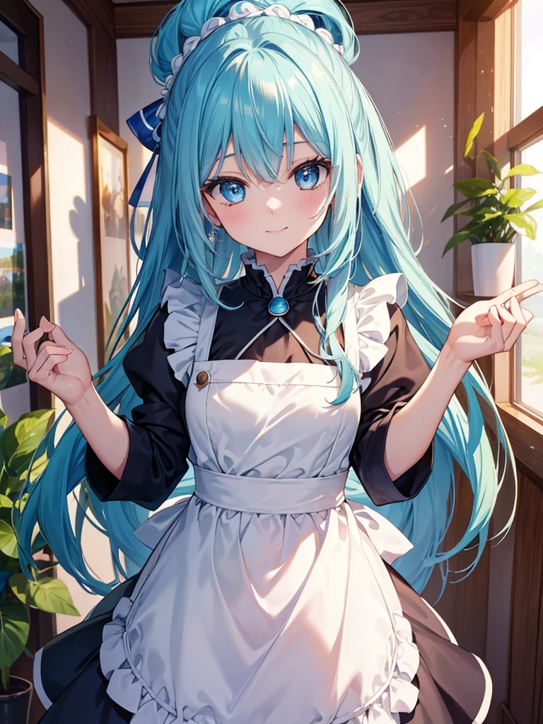 Gorgeous image quality, 8 k, high quality, masterpiece:1.2), ((masterpiece)), (high detail, high quality, Best Image Quality), solo, 1 girl, Konosuba ,aqua, blue hair, Blue eyes, detailed face, cheerful face, smiling, looks at the viewer,masterpiece, Beautiful art, очень detailed face, detailed hair, detailed clothing, detailed fabric, Beautiful face, naked, (1.2),one apron, I&#39;m standing, Stooping, clouded, huge breasts, middle thighs, turmoil, School Environment