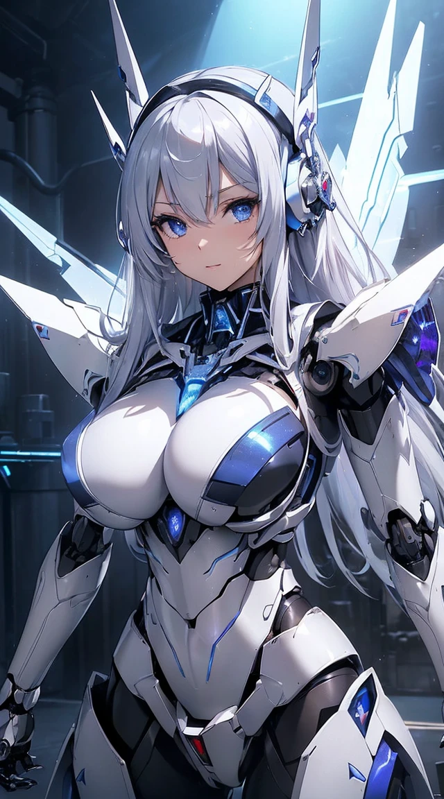 ((Intense action pose:1.6))、((Shining lenses on both breasts:1.3))、((Blue pillars of light are emanating from both chests.:1.3))、smile、((8K)), ((32k)), ((Highest quality)), ((masterpiece)), ((超A high resolution)), ((Tmasterpiece)), ((Halation:1.4))、((Mechaニカルheadgear:1.2))、((Cyber headphones:1.3))、Fine skin, High quality fabric, Fine metal texture、((Beautiful and dense face))、RAW Photos、Professional, Ultra-fine painting, ((alone)), Beautiful breasts、Highest quality, Very detailed, Very detailed詳細, Finer details, so beautiful, ((Princess Knight Robot:1.2)), (Joints of machines, Mechanical Limbs:1.3), (The internal structure of the machine is exposed:1.3), (Long silver hair:1.1), (Beautiful and huge mechanical breasts)、White Veil, cowboy_shot, Side Focus, headgear, Shiny、(Five Fingers, Four fingers and thumb),Concept Art, Anime fantasy artwork, Detailed fantasy art, (with pale blue-violet hair and large white wings,,,,,,,), (((Long silver hair))), (Mecha:1.6)、Sleek and intimidating design, ((Commander-in-Chief'arm)), (Perfect robot body)、純白と青紫armまたは, Symmetrical wings, 8K high quality, detailed art, 3D rendering of character art in 8K, neat legs, Defined, Defined fingers,