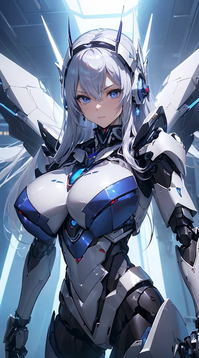 ((Intense action pose:1.6))、((Shining lenses on both breasts:1.3))、((Blue pillars of light are emanating from both chests.:1.3))、smile、((8K)), ((32k)), ((Highest quality)), ((masterpiece)), ((超A high resolution)), ((Tmasterpiece)), ((Halation:1.4))、((Mechaニカルheadgear:1.2))、((Cyber headphones:1.3))、Fine skin, High quality fabric, Fine metal texture、((Beautiful and dense face))、RAW Photos、Professional, Ultra-fine painting, ((alone)), Beautiful breasts、Highest quality, Very detailed, Very detailed詳細, Finer details, so beautiful, ((Princess Knight Robot:1.2)), (Joints of machines, Mechanical Limbs:1.3), (The internal structure of the machine is exposed:1.3), (Long silver hair:1.1), (Beautiful and huge mechanical breasts)、White Veil, cowboy_shot, Side Focus, headgear, Shiny、(Five Fingers, Four fingers and thumb),Concept Art, Anime fantasy artwork, Detailed fantasy art, (with pale blue-violet hair and large white wings,,,,,,,), (((Long silver hair))), (Mecha:1.6)、Sleek and intimidating design, ((Commander-in-Chief'arm)), (Perfect robot body)、純白と青紫armまたは, Symmetrical wings, 8K high quality, detailed art, 3D rendering of character art in 8K, neat legs, Defined, Defined fingers,