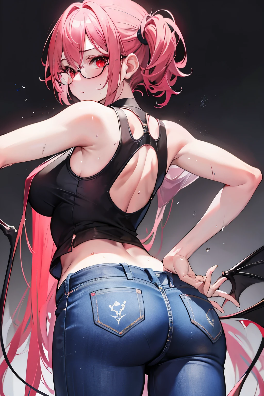 underdressing,Expression of disgust,Expression of disgust,Red Eyes,Sweat,Soaked,liquid,transparent,Cropped tops,succubus,pink,jeans,Glasses,Buttocks close-up,Back