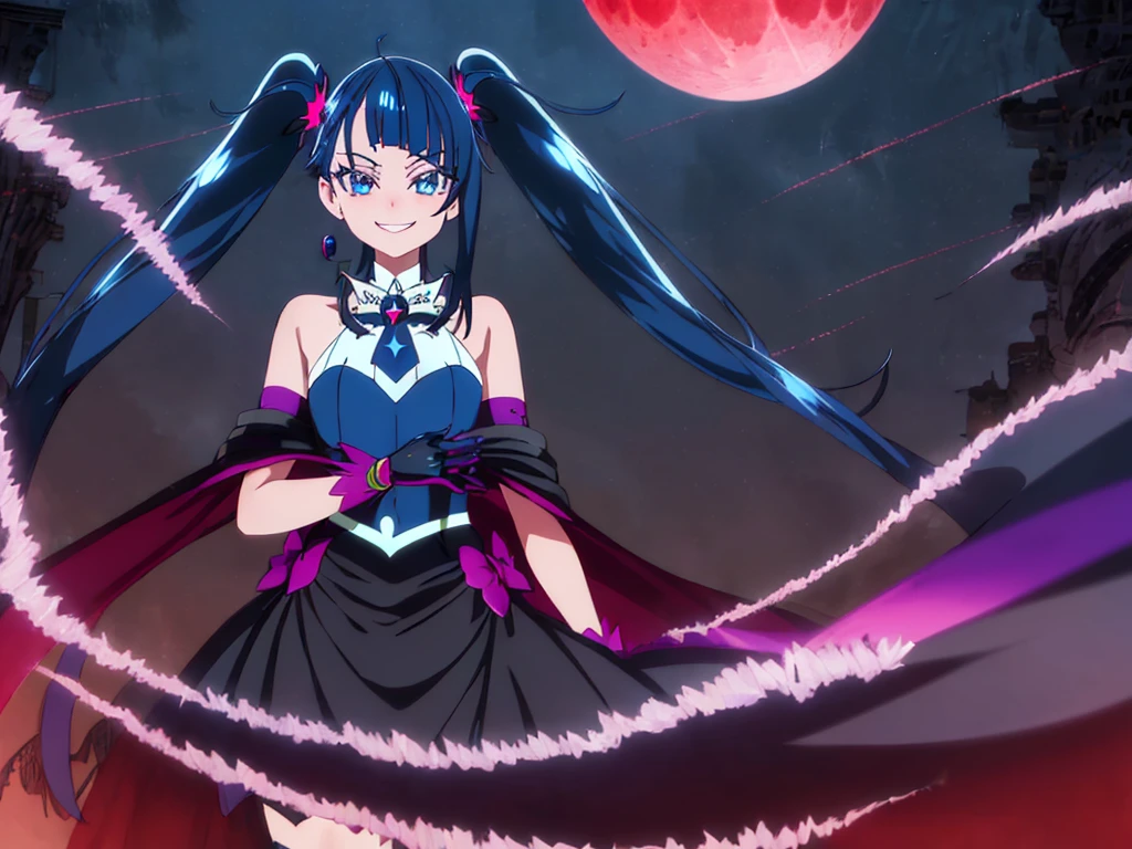 Highest quality, Super detailed,One girl, alone, {cure_null_hirogarunullprecure:1.15}, Dark blue hair, blue eyes, Blue flames in the eyes, Long Hair, Twin tails, Magical girl, bangs, Open your mouth, Redhead, multicoloRedhead, One girl, blunt bangs, Darken your clothes, hair ornaments, Wicked Smile, devilish aura (Shiny fabric:1.5), Full Body Shot, Purple Gemstone, Fascinating, blush, (Beautiful attention to detail:1.6), Highly detailed face, Perfect lighting, Highly detailed CG, (Perfect hands, Perfect Anatomy), devil, Red and black color scheme, Shiny material, Grin, Black Ribbon, Black satin gloves, Evil clover leaf ornament, Black ruffles, jewelry, corruption, Latex gloss, Black Gothic Cloak, Wicked Smile, Dark world background, Red Moon, cloudy null, CG Style, One-sided black wing,deep shaded face,