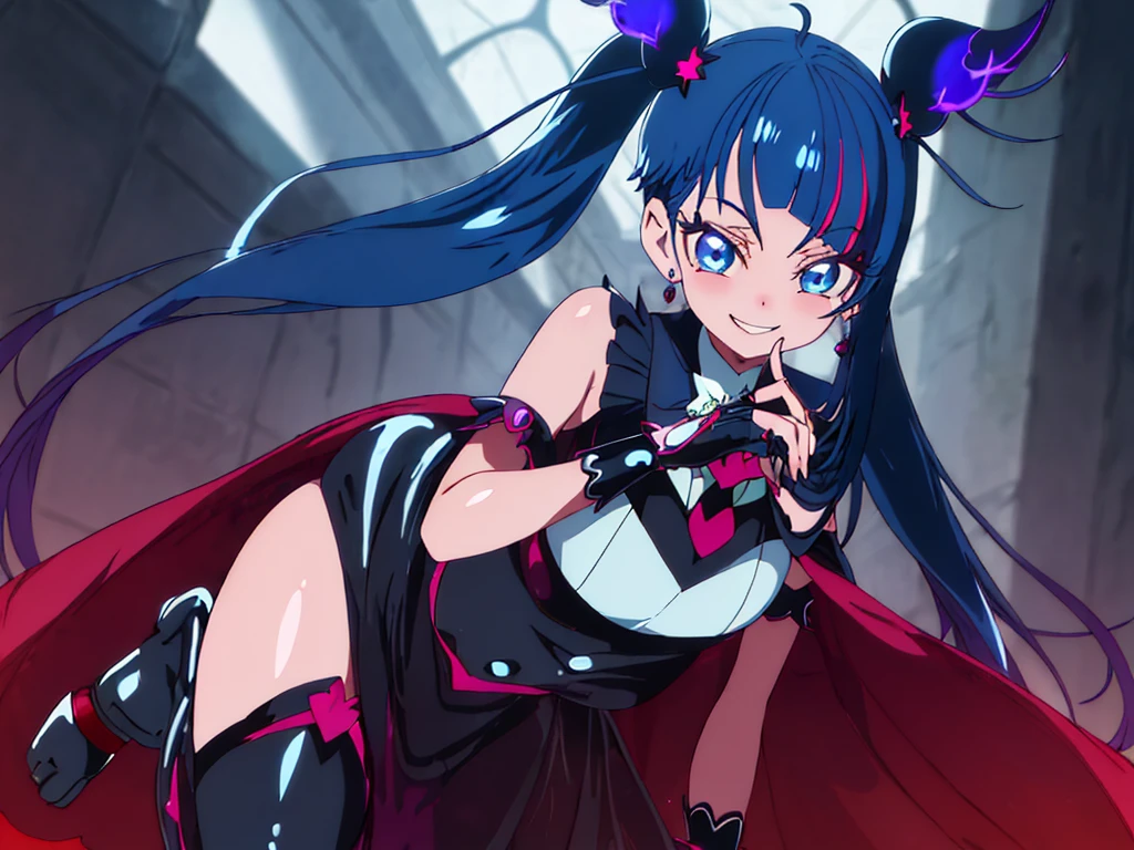 Highest quality, Super detailed,One girl, alone, {cure_null_hirogarunullprecure:1.15}, Dark blue hair, blue eyes, Blue flames in the eyes, Long Hair, Twin tails, Magical girl, bangs, Open your mouth, Redhead, multicoloRedhead, One girl, blunt bangs, Darken your clothes, hair ornaments, Wicked Smile, devilish aura (Shiny fabric:1.5), Full Body Shot, Purple Gemstone, Fascinating, blush, (Beautiful attention to detail:1.6), Highly detailed face, Perfect lighting, Highly detailed CG, (Perfect hands, Perfect Anatomy), devil, Red and black color scheme, Shiny material, Grin, Black Ribbon, Black satin gloves, Evil clover leaf ornament, Black ruffles, jewelry, corruption, Latex gloss, Black Gothic Cloak, Wicked Smile, Dark world background, Red Moon, cloudy null, CG Style, One-sided black wing,deep shaded face,