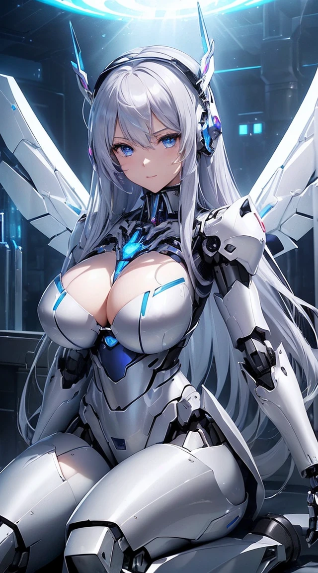 (Sit with one knee on the machine:1.6)、(Full body description:1.3)、((Shining lenses on both breasts:1.3))、((Blue pillars of light are emanating from both chests.:1.3))、smile、((8K)), ((32k)), ((Highest quality)), ((masterpiece)), ((超A high resolution)), ((Tmasterpiece)), ((Halation:1.4))、((Mechaニカルheadgear:1.2))、((Cyber headphones:1.3))、Fine skin, High quality fabric, Fine metal texture、((Beautiful and dense face))、RAW Photos、Professional, Ultra-fine painting, ((alone)), Beautiful breasts、Highest quality, Very detailed, Very detailed詳細, Finer details, so beautiful, ((Princess Knight Robot:1.2)), (Joints of machines, Mechanical Limbs:1.3), (The internal structure of the machine is exposed:1.3), (Long silver hair:1.1), (Beautiful and huge mechanical breasts)、White Veil, cowboy_shot, Side Focus, headgear, Shiny、(Five Fingers, Four fingers and thumb),Concept Art, Anime fantasy artwork, Detailed fantasy art, (with pale blue-violet hair and large white wings,,,,,,,), (((Long silver hair))), (Mecha:1.6)、Sleek and intimidating design, ((Commander-in-Chief'arm)), (Perfect robot body)、純白と青紫armまたは, Symmetrical wings, 8K high quality, detailed art, 3D rendering of character art in 8K, neat legs, Defined, Defined fingers,