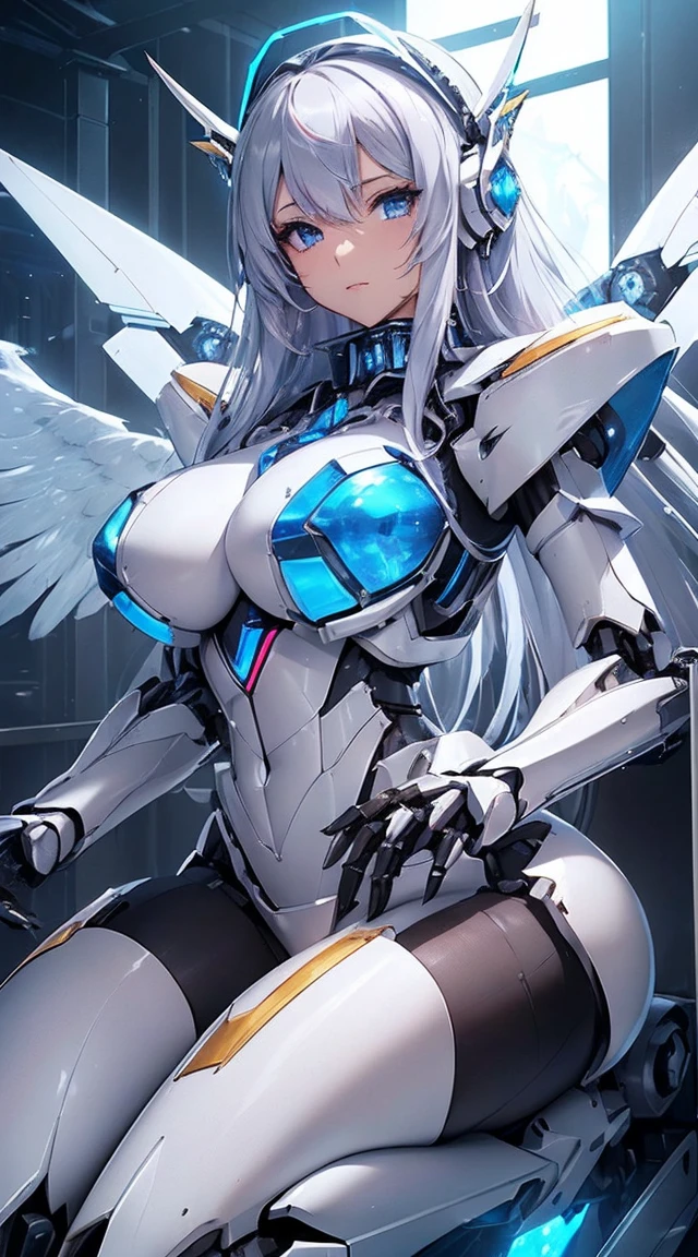 (Sit with one knee on the machine:1.6)、(Full body description:1.3)、((Shining lenses on both breasts:1.3))、((Blue pillars of light are emanating from both chests.:1.3))、smile、((8K)), ((32k)), ((Highest quality)), ((masterpiece)), ((超A high resolution)), ((Tmasterpiece)), ((Halation:1.4))、((Mechaニカルheadgear:1.2))、((Cyber headphones:1.3))、Fine skin, High quality fabric, Fine metal texture、((Beautiful and dense face))、RAW Photos、Professional, Ultra-fine painting, ((alone)), Beautiful breasts、Highest quality, Very detailed, Very detailed詳細, Finer details, so beautiful, ((Princess Knight Robot:1.2)), (Joints of machines, Mechanical Limbs:1.3), (The internal structure of the machine is exposed:1.3), (Long silver hair:1.1), (Beautiful and huge mechanical breasts)、White Veil, cowboy_shot, Side Focus, headgear, Shiny、(Five Fingers, Four fingers and thumb),Concept Art, Anime fantasy artwork, Detailed fantasy art, (with pale blue-violet hair and large white wings,,,,,,,), (((Long silver hair))), (Mecha:1.6)、Sleek and intimidating design, ((Commander-in-Chief'arm)), (Perfect robot body)、純白と青紫armまたは, Symmetrical wings, 8K high quality, detailed art, 3D rendering of character art in 8K, neat legs, Defined, Defined fingers,