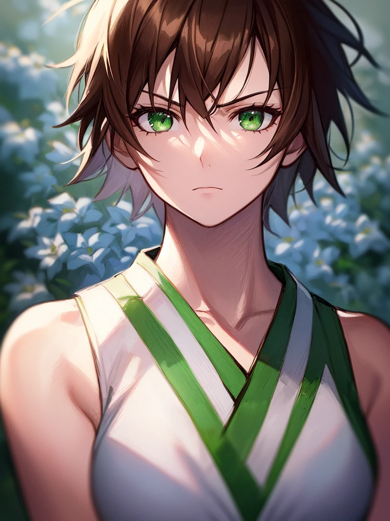 ((spiked hair)), ((tomboy)), ((short hair)), ((brown hair)), ((green eyes)), ((serious expression)), (shinobi clothing)), ((light skin)), ((flowers)), ((complementary colors)), ((mature female)), 1girl, beautifully drawn, high resolution illustration, best quality, High definition, ((detailed anime sketch)), Masterpiece, (solo), absurdres, portrait, ((upper body)), detailed background, fine detail, female focus, HDR,