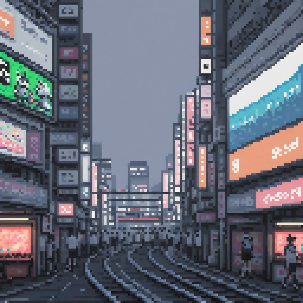 Pixel art, 32 bits, viaduto em shinjuku