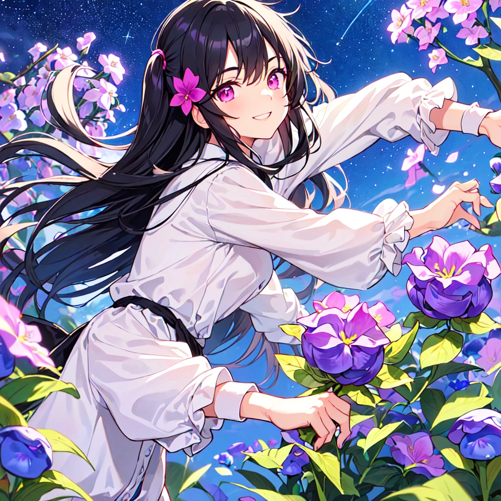MASTERPIECE, best quality, high quality, extremely detailed, very delicate and beautiful, (1female 18 years old solo: 1.2), (long black hair two-side up to waist: 1.4), fringes to eyebrows, eyes Sharp eyes, strong glossy glossy eyes, glossy eyebrows, (eye colour magenta: 1.3), 6.5 head height, (periwinkle flower print fashion: 1.3), periwinkle hair ornament, knee socks, frills, lace, (smiling), (running), (running), (dynamic pose), (background periwinkle colourful flower field: 1.3),(starry sky: 1.3)., (upper body:1.3)
