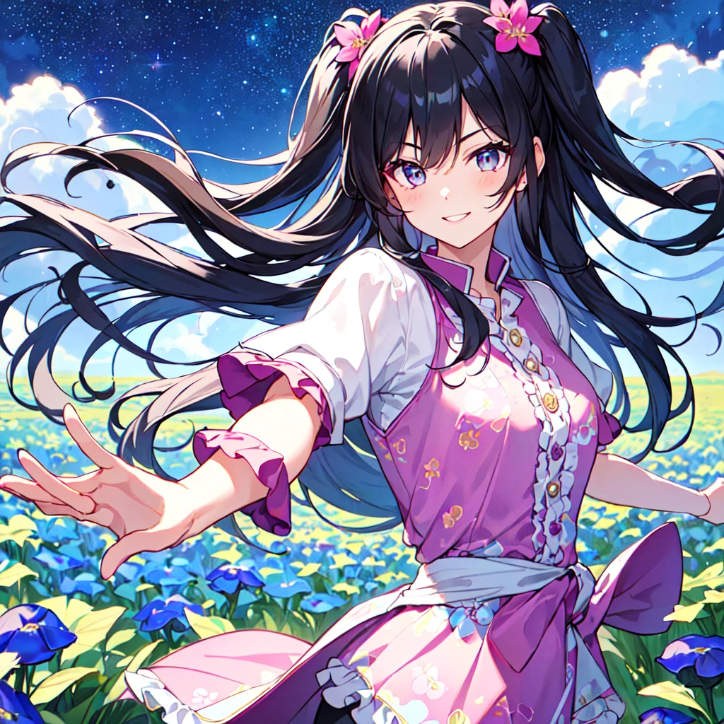 MASTERPIECE, best quality, high quality, extremely detailed, very delicate and beautiful, (1female 18 years old solo: 1.2), (long black hair two-side up to waist: 1.4), fringes to eyebrows, eyes Sharp eyes, strong glossy glossy eyes, glossy eyebrows, (eye colour magenta: 1.3), 6.5 head height, (periwinkle flower print fashion: 1.3), periwinkle hair ornament, knee socks, frills, lace, (smiling), (running), (running), (dynamic pose), (background periwinkle colourful flower field: 1.3),(starry sky: 1.3)., (upper body:1.3)