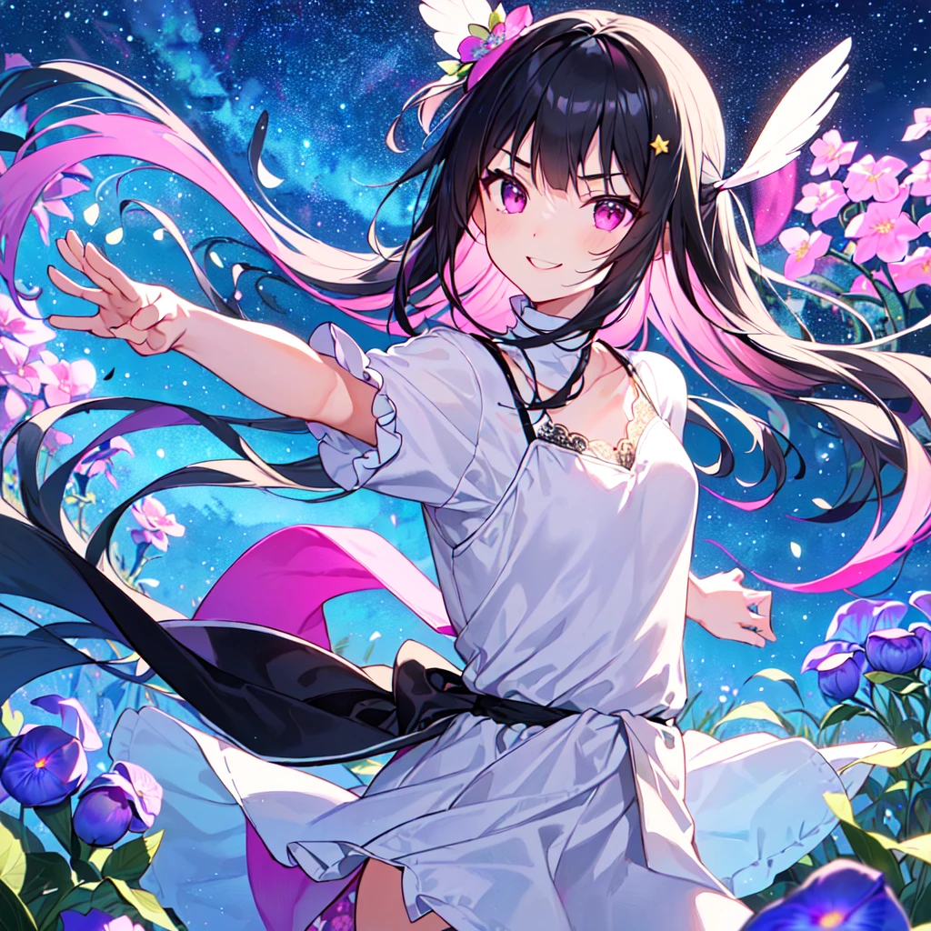 MASTERPIECE, best quality, high quality, extremely detailed, very delicate and beautiful, (1female 18 years old solo: 1.2), (long black hair two-side up to waist: 1.4), fringes to eyebrows, eyes Sharp eyes, strong glossy glossy eyes, glossy eyebrows, (eye colour magenta: 1.3), 6.5 head height, (periwinkle flower print fashion: 1.3), periwinkle hair ornament, knee socks, frills, lace, (smiling), (running), (running), (dynamic pose), (background periwinkle colourful flower field: 1.3),(starry sky: 1.3)., (upper body:1.3)
