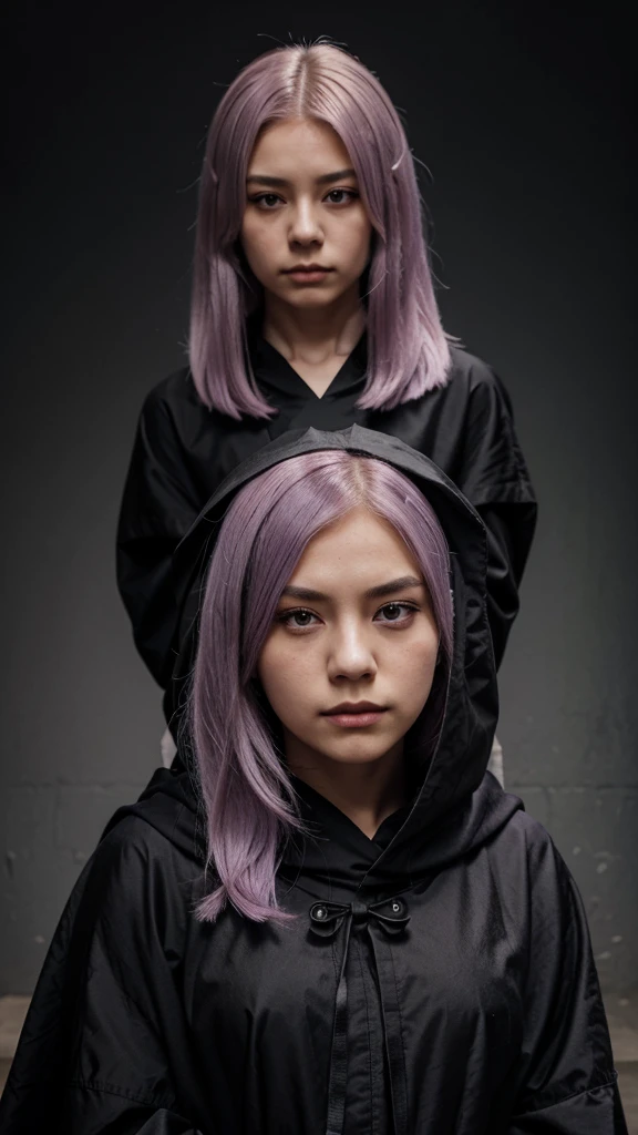 Girl with lilac hair, Short, straight hair,Using Black cloak from Akatsuki, serious face