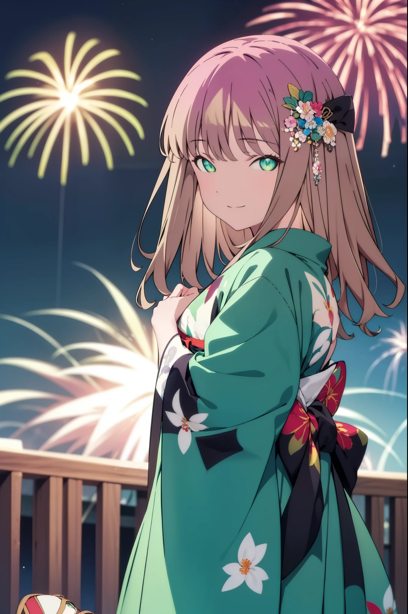 Yume Minami,sss dynazenon ,Brown Hair,Green Eyes,hair tied back,Flower hair ornament,Black Japanese Clothing,Thick sleeves,Sandals,whole bodyがイラストに入るように,smile,Fireworks in the night sky,Fireworks,The place is a fireworks display、Time is night,break outdoors, Festival,break looking at viewer, whole body,(Cowboy Shot:1. 5) , break (masterpiece:1.2), Highest quality, High resolution, unity 8k wallpaper, (shape:0.8), (Beautiful and beautiful eyes:1.6), Highly detailed face, Perfect lighting, Extremely detailed CG, (Perfect hands, Perfect Anatomy),