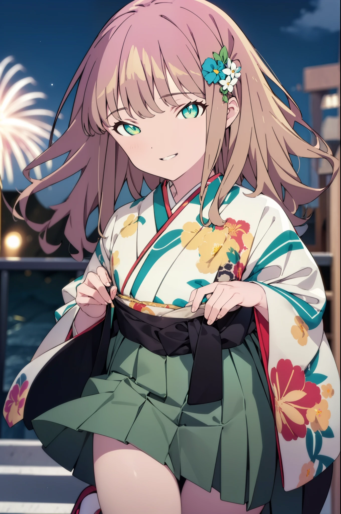 Yume Minami,sss dynazenon ,Brown Hair,Green Eyes,hair tied back,Flower hair ornament,Black Japanese Clothing,Thick sleeves,Sandals,whole bodyがイラストに入るように,smile,Fireworks in the night sky,Fireworks,The place is a fireworks display、Time is night,break outdoors, Festival,break looking at viewer, whole body,(Cowboy Shot:1. 5) , break (masterpiece:1.2), Highest quality, High resolution, unity 8k wallpaper, (shape:0.8), (Beautiful and beautiful eyes:1.6), Highly detailed face, Perfect lighting, Extremely detailed CG, (Perfect hands, Perfect Anatomy),