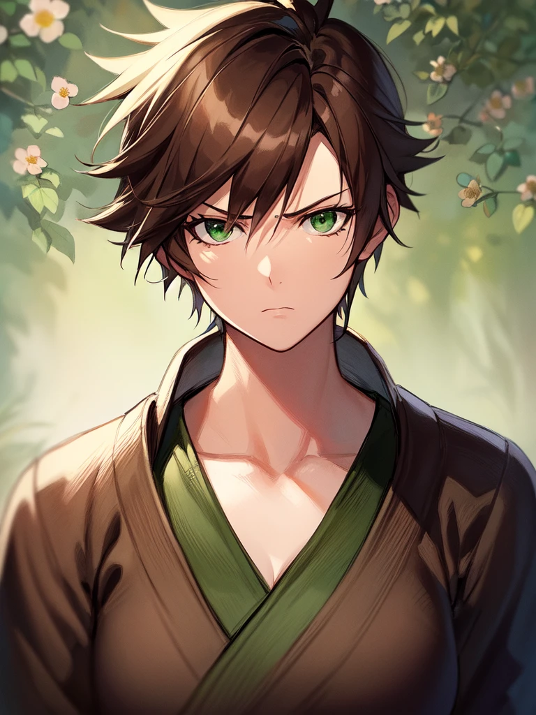 ((spiked hair)), ((tomboy)), ((short hair)), ((brown hair)), ((green eyes)), ((serious expression)), (shinobi clothing)), ((light skin)), ((flowers)), ((complementary colors)), ((mature female)), 1girl, beautifully drawn, high resolution illustration, best quality, High definition, ((detailed anime sketch)), Masterpiece, (solo), absurdres, portrait, ((upper body)), detailed background, fine detail, female focus, HDR,