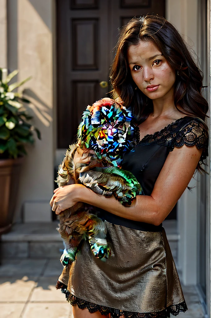 a realistic full-body photography, (woman: 26-year-old Mexican-Italian stunning brunette influencer, long and wavy dark brown hair, model measurements accentuated by small natural bust, warm and sun-kissed tan, expressive dark brown eyes, sunny and charismatic appearance:1.1), (dark brown golden retriever puppy in her arms:1.5), (clothes: sexy form-fitting black dress with lace:1.4), natural lights and shadows, with volumetric face lighting for hyper-realistic detail, hyper-realistic, 16K resolution, shot with Canon EOS R6