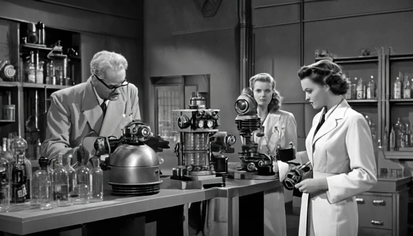 1940s black and white movie scene, classic scifi laboratory, mad scientist and retro robot assistant