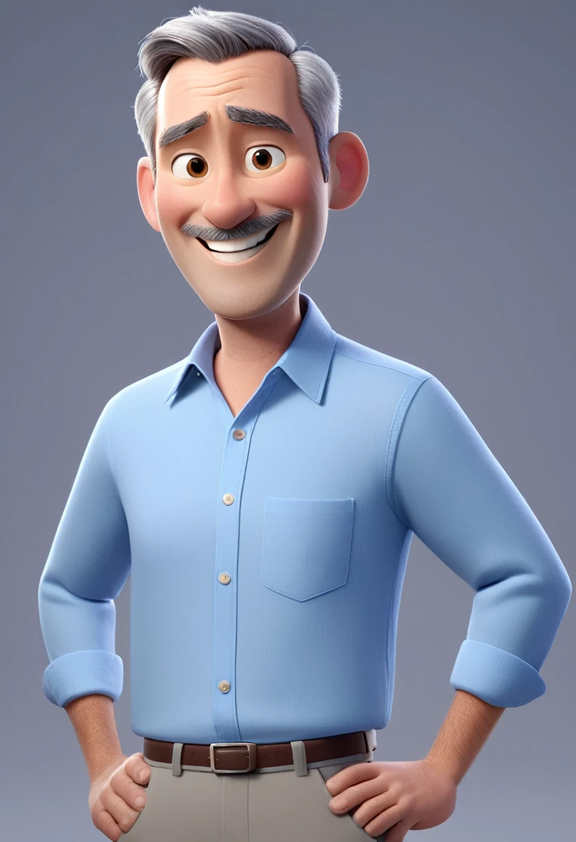 Create a Disney Pixar-style character of a 45-year-old man, short gray hair, light blue social shirt, no tie, smiling at the camera 3d Pixar style, (best qualityer, 4K, 8K, high resolution, boss of'work of art:1.2), ultra detali, (realisitic, photorealisitic, photo-realisitic:1.37), shiny colors, studio lighting