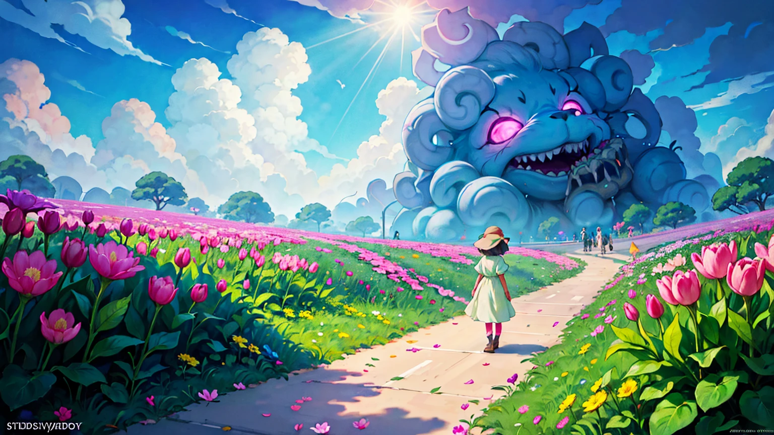 A vibrant flower blooms on the dirty ground of a large gray avenue. A crowd of gray, soulless people crosses the streets. A colorful , glowing with bright hues, stands protectively over the flower, protecting it with her little hands and determined eyes. Sunlight breaks through the dark clouds. Studio Ghibli style