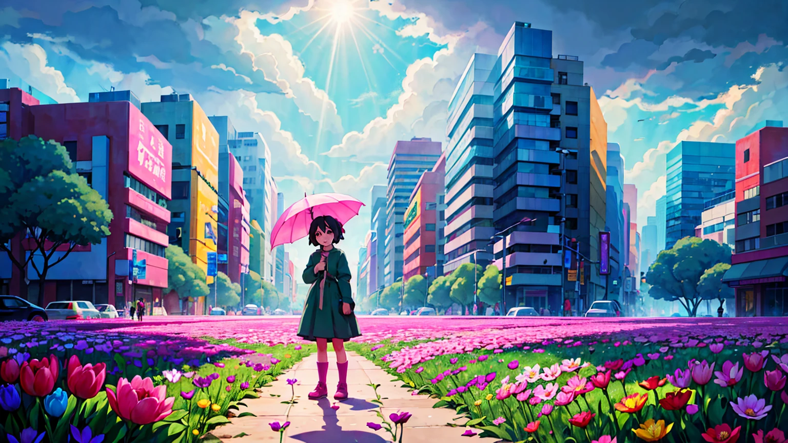 A vibrant flower blooms on the dirty ground of a large gray avenue. A crowd of gray, soulless people crosses the streets. A colorful , glowing with bright hues, stands protectively over the flower, protecting it with her little hands and determined eyes. Sunlight breaks through the dark clouds. Studio Ghibli style