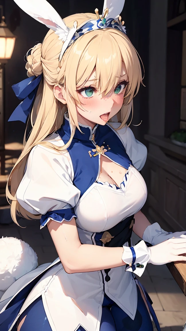 Rabbit Arturia&#39;s hairstyle, Costume Rabbit Artoria, One girl, Pectoral muscle, alone, Blonde, Green Eyes, French Braidings, Long Hair, Big ample breasts, Cleavage, ponytail, Side Lock, Bans, belly button, Looking up at the viewer, Bare shoulders, Braiding, Hair between the eyes, ウサギのPause, tiara, Ahegao, Blushing huge saggy breasts:1.8, Huge chubby sexy :1.9, Huge Sexy , Sexy Legs:2.0, , Prohibited to wear, No clothes, White transparent tights, Hugging legs, Hug my feet, Hugging legs, squats and leg hugs,  Pause, Lying down , Lie down with your legs hugged, You are so sexy,(((Baby Face))), (Black Hair),Breasts so big that they almost burst, (Raise your hands above your head, Wide-open legs:1.4), ((Spread your legs)), (((blush))), (((Nipples exposed))),(((Flushed face,blush))),(((Intense Sex:1.5)))