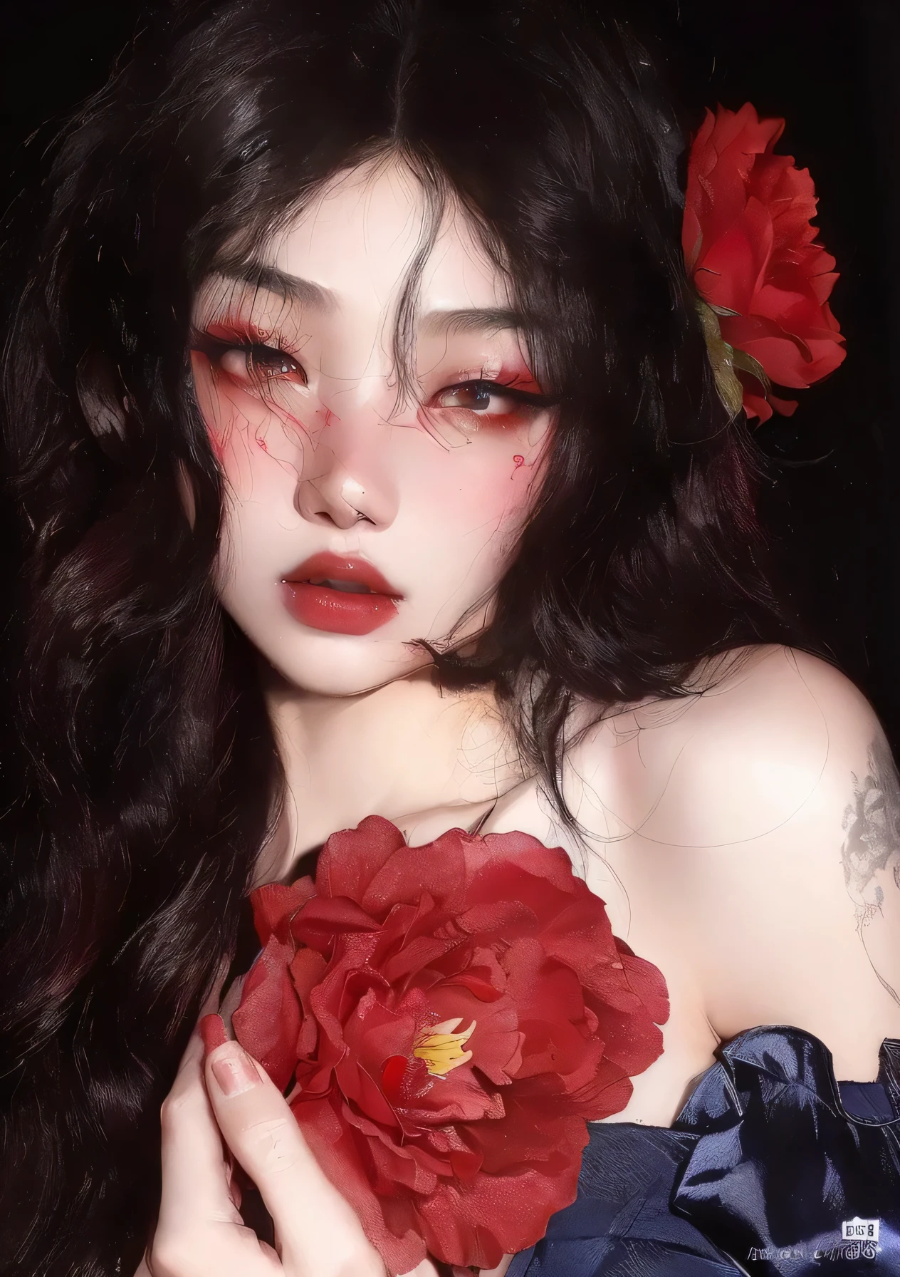 arafed woman with a red flower in her hair and a red rose in her hair, red irises and a slim face, ((red)) baggy eyes, red contact lenses, cruel korean goth girl, her face looks like an orchid, deep red eyes, fully red eyes, celestial red flowers vibe, intense watery glowing red eyes, watery red eyes blackpink jennie blackpink lisa