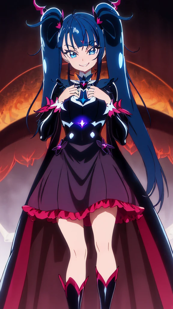 Highest quality, Super detailed,One girl, alone, {cure_null_hirogarunullprecure:1.15}, Dark blue hair, blue eyes, Blue flames in the eyes, Long Hair, Twin tails, Magical girl, bangs, Open your mouth, Redhead, multicoloRedhead, One girl, blunt bangs, Darken your clothes, hair ornaments, Wicked Smile, devilish aura (Shiny fabric:1.5), Full Body Shot, Purple Gemstone, Fascinating, blush, (Beautiful attention to detail:1.6), Highly detailed face, Perfect lighting, Highly detailed CG, (Perfect hands, Perfect Anatomy), devil, Red and black color scheme, Shiny material, Grin, Black Ribbon, Black satin gloves, Evil clover leaf ornament, Black ruffles, jewelry, corruption, Latex gloss, Black Gothic Cloak, Wicked Smile, Dark world background, Red Moon, cloudy null, CG Style, One-sided black wing,deep shaded face,sadistic smile,