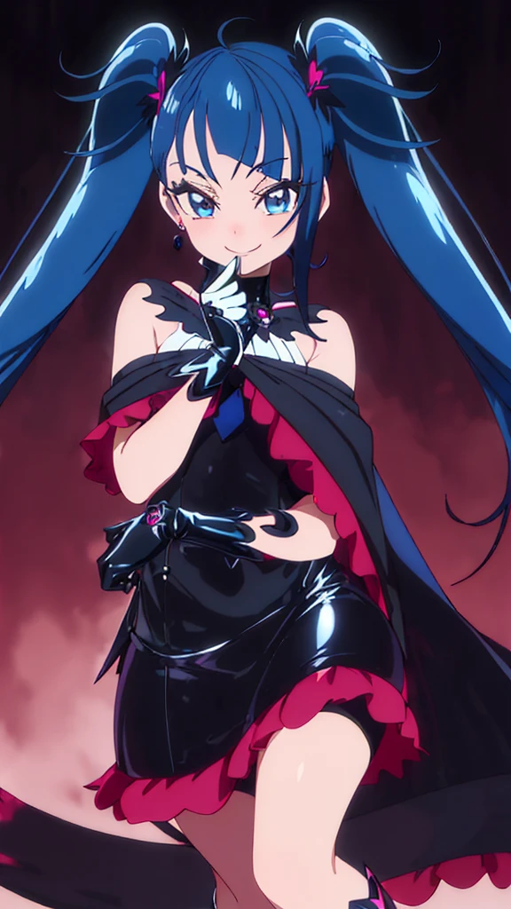 Highest quality, Super detailed,One girl, alone, {cure_null_hirogarunullprecure:1.15}, Dark blue hair, blue eyes, Blue flames in the eyes, Long Hair, Twin tails, Magical girl, bangs, Open your mouth, Redhead, multicoloRedhead, One girl, blunt bangs, Darken your clothes, hair ornaments, Wicked Smile, devilish aura (Shiny fabric:1.5), Full Body Shot, Purple Gemstone, Fascinating, blush, (Beautiful attention to detail:1.6), Highly detailed face, Perfect lighting, Highly detailed CG, (Perfect hands, Perfect Anatomy), devil, Red and black color scheme, Shiny material, Grin, Black Ribbon, Black satin gloves, Evil clover leaf ornament, Black ruffles, jewelry, corruption, Latex gloss, Black Gothic Cloak, Wicked Smile, Dark world background, Red Moon, cloudy null, CG Style, One-sided black wing,deep shaded face,sadistic smile,