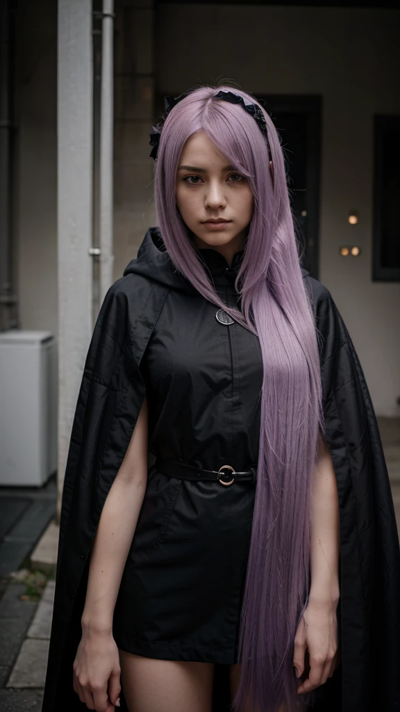 Girl with lilac hair, Short, straight hair,Using Black cloak from Akatsuki, serious face ,Paper rose on the head