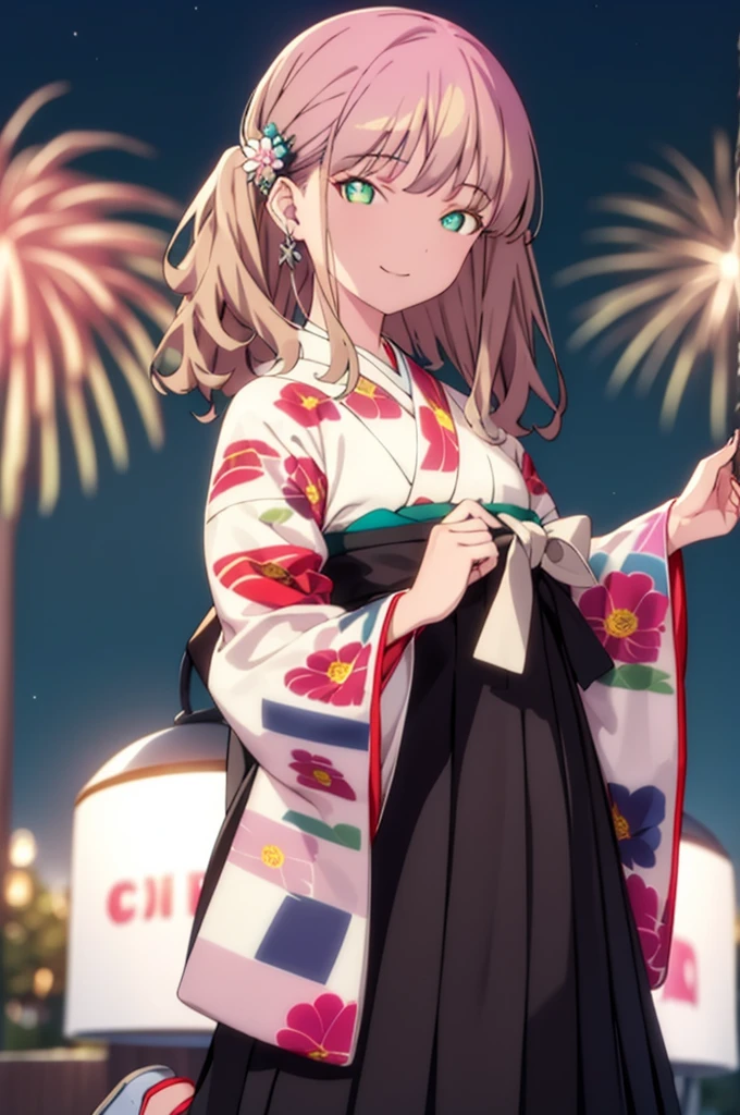Yume Minami,sss dynazenon ,Brown Hair,Green Eyes,hair tied back,Flower hair ornament,Black Japanese Clothing,Thick sleeves,Sandals,whole bodyがイラストに入るように,smile,Fireworks in the night sky,Fireworks,The place is a fireworks display、Time is night,break outdoors, Festival,break looking at viewer, whole body,(Cowboy Shot:1. 5) , break (masterpiece:1.2), Highest quality, High resolution, unity 8k wallpaper, (shape:0.8), (Beautiful and beautiful eyes:1.6), Highly detailed face, Perfect lighting, Extremely detailed CG, (Perfect hands, Perfect Anatomy),