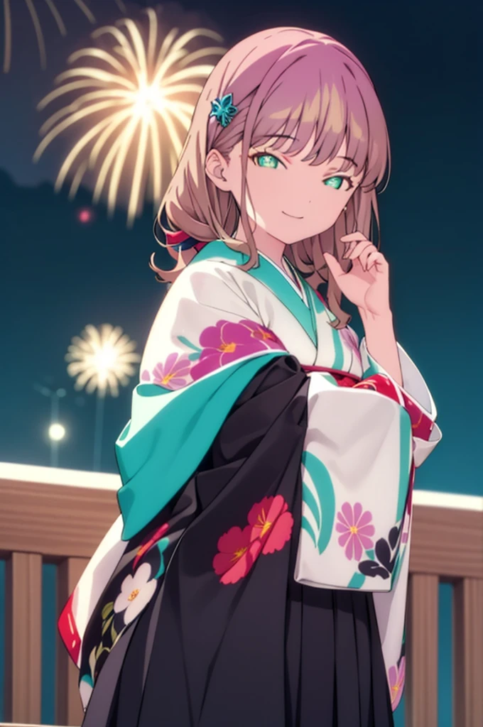 Yume Minami,sss dynazenon ,Brown Hair,Green Eyes,hair tied back,Flower hair ornament,Black Japanese Clothing,Thick sleeves,Sandals,whole bodyがイラストに入るように,smile,Fireworks in the night sky,Fireworks,The place is a fireworks display、Time is night,break outdoors, Festival,break looking at viewer, whole body,(Cowboy Shot:1. 5) , break (masterpiece:1.2), Highest quality, High resolution, unity 8k wallpaper, (shape:0.8), (Beautiful and beautiful eyes:1.6), Highly detailed face, Perfect lighting, Extremely detailed CG, (Perfect hands, Perfect Anatomy),