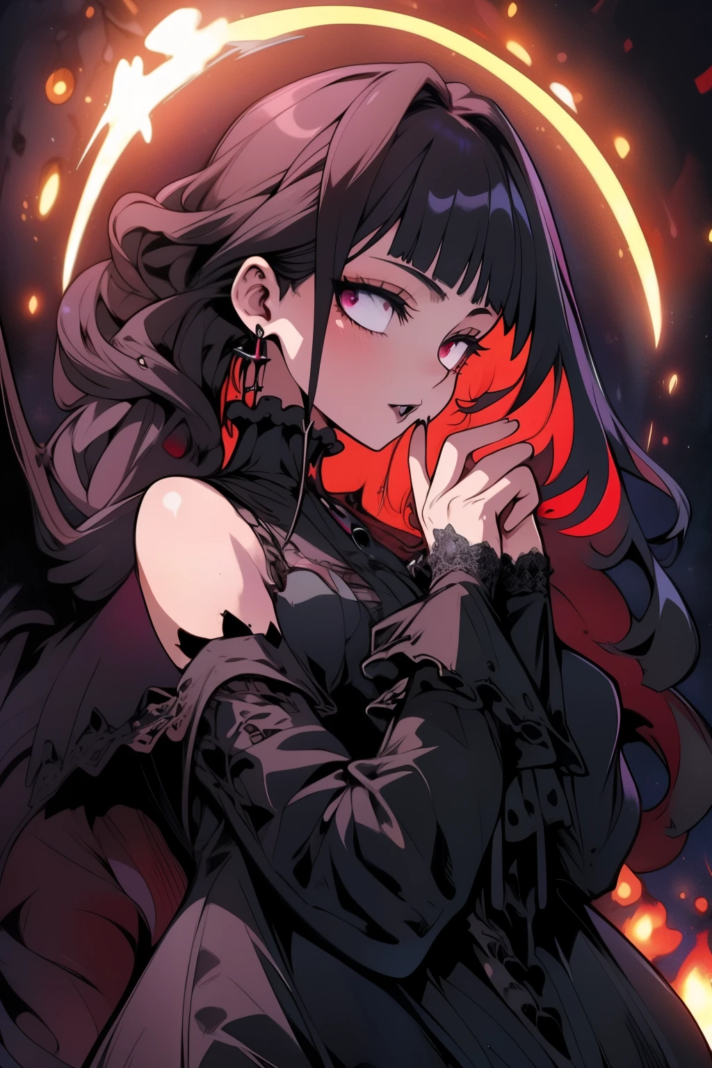 (extremely detailed CG unity 4k wallpaper),(masterpiece),(best quality),(ultra-detailed),(best illustration),(best shadow),(absurdres),(detailed background), Detailed face, Detailed hair, official art, unity 8k wallpaper, super detailed, beautiful, beautiful, ((new goth gal:1.4)), masterpiece, highest quality, dark, in the atmosphere, Mysterious, romantic, Spooky, literature, art, fashion, Italian vineyard , decoration, Complex, ironwork, contemplation, depth of emotion, black hair, Supernatural, 1 girl, alone, hip